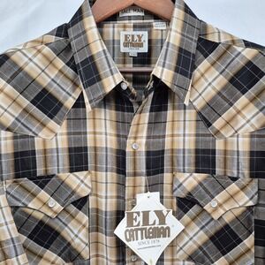 Ely Cattleman Western Pearl Snap Plaid Shirt Mens 2XLT Long Sleeve Beige Black‎